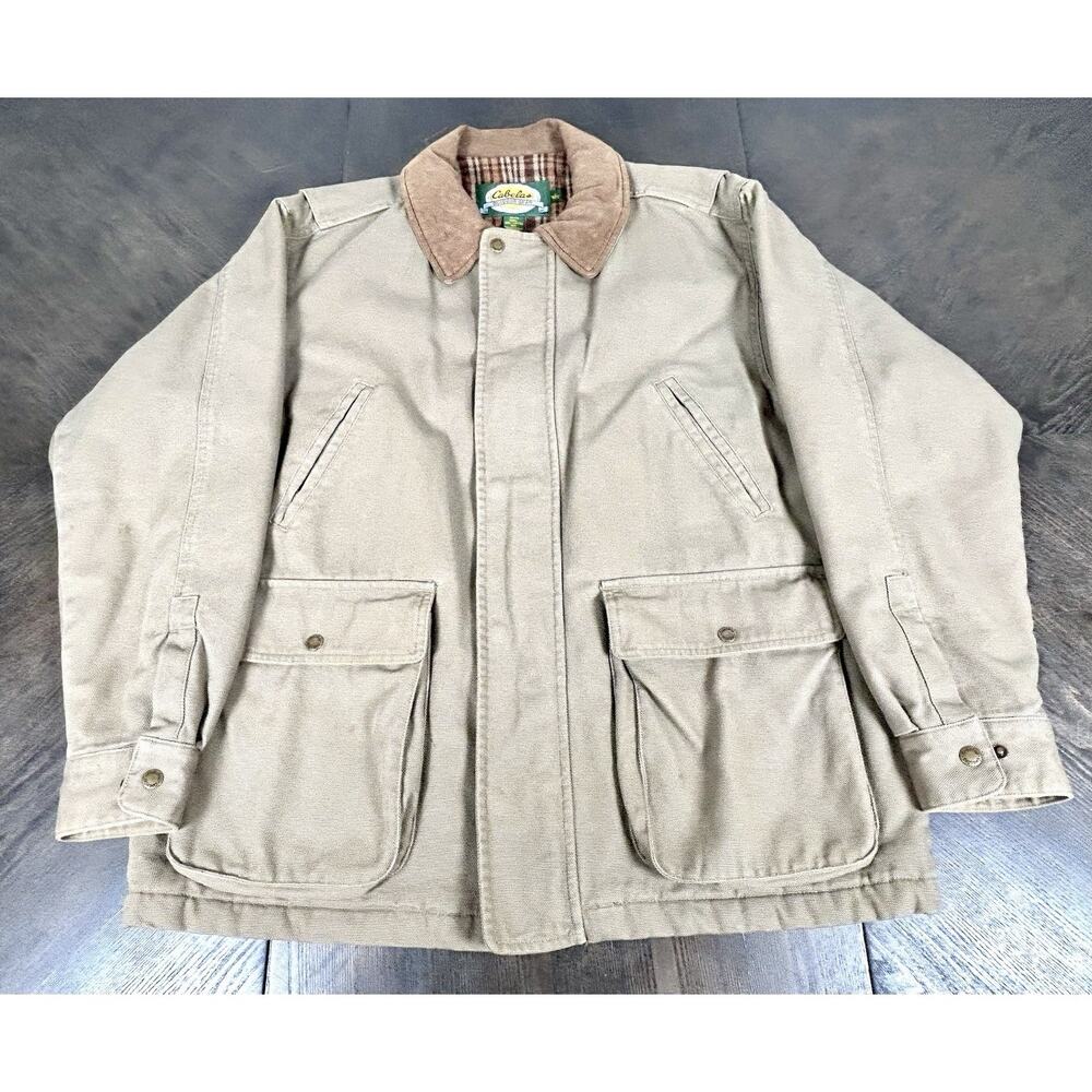 Cabela’s Men’s Chore Field Jacket Beige Nubuck Leather Collar Size L Reg - Picture 1 of 16